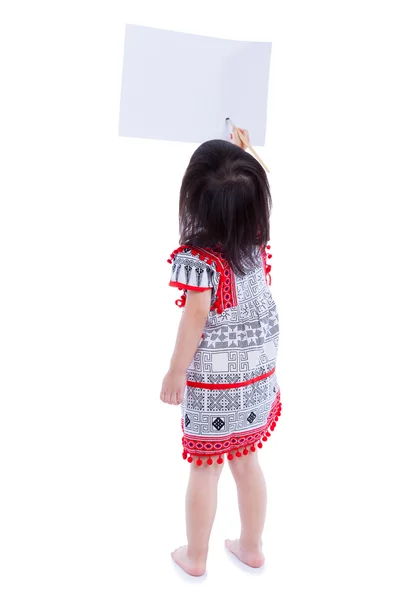 Full body. Back view of girl painting with paintbrush, isolated — Stock Photo, Image