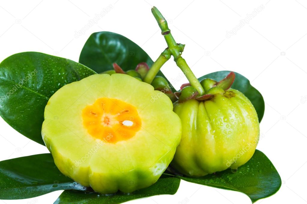 Close up garcinia cambogia on leaves. Isolated on white.