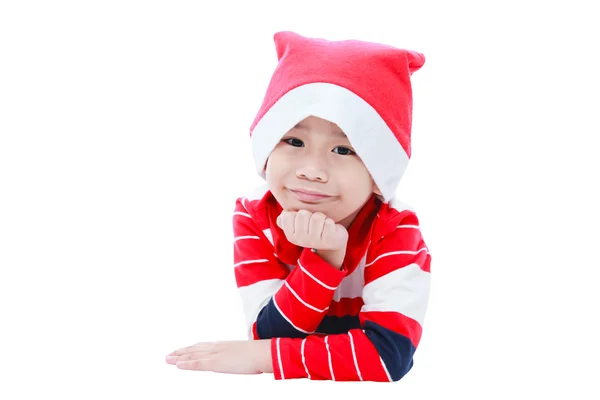 Gelukkig Kerstmis jongen leggen en glimlachen — Stockfoto