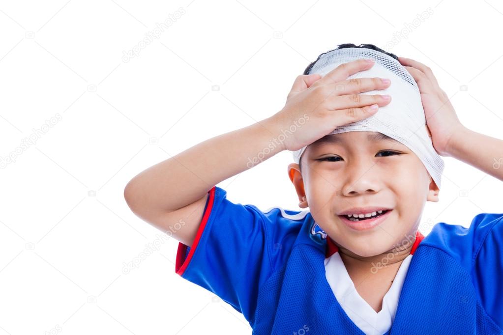 Youth athlete asian child with trauma of the head crying, isolated on white background