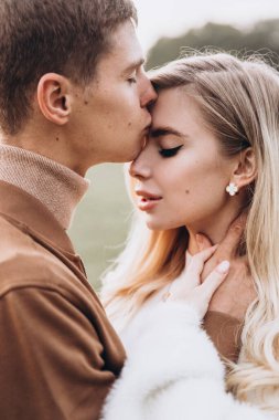 Sonbaharda parkta köpeklerle, Pomeranian 'lılarla gezen güzel bir çift.