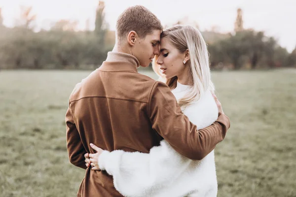 Sonbaharda parkta köpeklerle, Pomeranian 'lılarla gezen güzel bir çift.