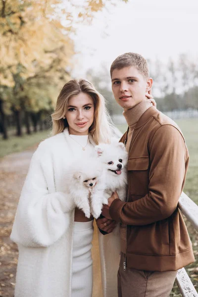 Vackert Ungt Par Höstpromenader Med Hundar Pommerska Parken — Stockfoto