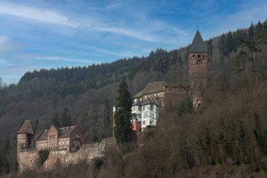 Kışın Neckar 'daki Zwingenberg Şatosu