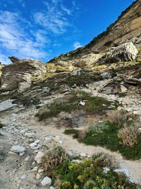 Yazın Corsica 'nın Akdeniz kıyısının güney ucundaki Bonifacio' da beyaz kireçtaşlı muhteşem uçurumlar