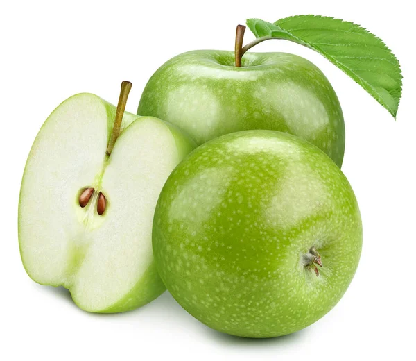 Una Manzana Verde Manzana Verde Orgánica Fresca Con Hojas Aisladas — Foto de Stock