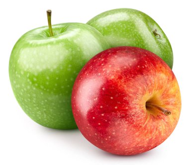 Üç kırmızı ve yeşil elma. Beyaz arka planda izole edilmiş taze organik elma. Kırpma yolu olan elma