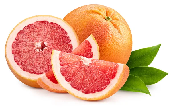 Hromada Grapefruitů Seříznutou Pěšinou Grapefruit Listy Plátky Bílém Pozadí Makro — Stock fotografie