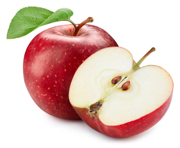 红苹果和一半孤立在白色的背景 成熟可口的苹果 有切碎的路径 — 图库照片