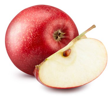 Beyaz üzerine izole edilmiş organik taze elma. Olgun kırmızı elma ve yeşil yaprak kırpma yolu. Tam alan derinliği