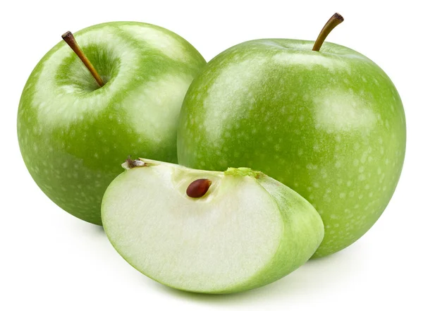 在白色上分离的有机新鲜苹果 成熟的绿色苹果 有剪叶路径 实地的全部深度 — 图库照片