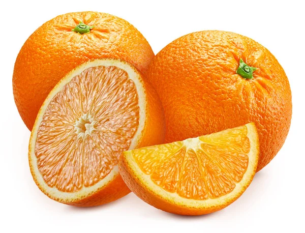 Reife Ganze Orangenfrüchte Und Scheiben Isoliert Auf Weißem Hintergrund Mit — Stockfoto