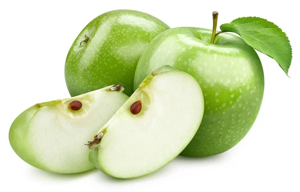 Два Спелых Зелёных Яблока Ломтиком Зеленые Яблоки Листьями Полная Глубина — стоковое фото
