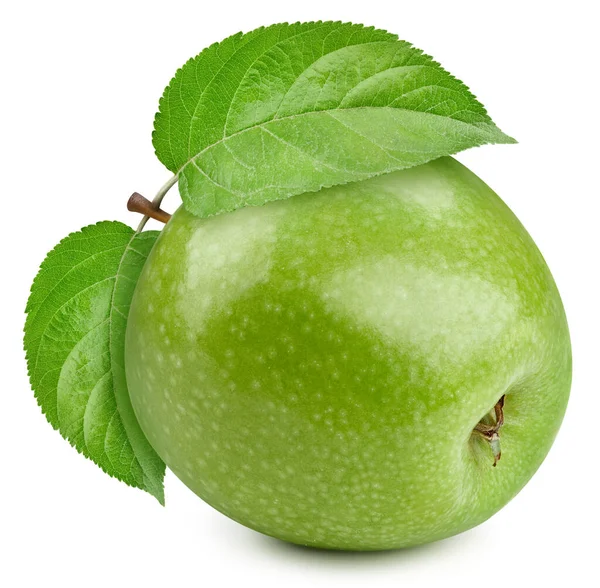 One Ripe Green Apple Green Leaf Clipping Path Organic Fresh — Stock Photo, Image