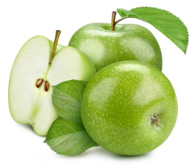 İki yeşil elma ve yeşil yapraklarla süslenmiş kompozisyon. Apple beyaz arka planda izole edilmiş. Kırmızı Elma Kırpma Yolu.