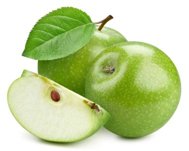 Elma. Beyaz arka planda izole edilmiş taze organik yeşil elma. Elma makrosu