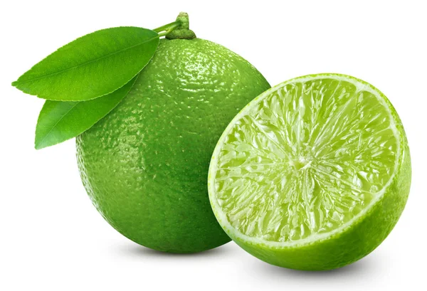Mogen Perfekt Lime Med Blad Isolerade Vitt Kalk Med Klippbana — Stockfoto