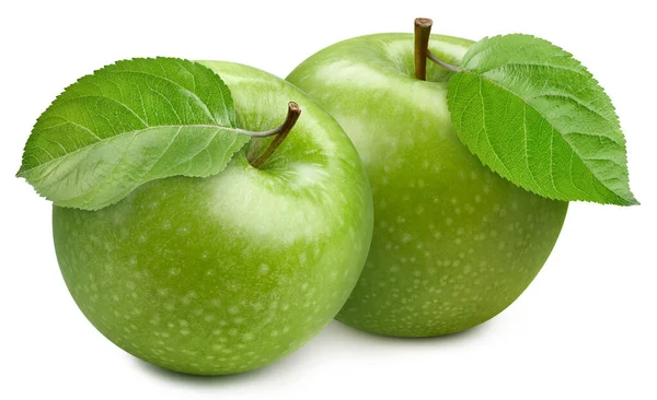 Deux Pommes Parfaites Mûres Avec Des Feuilles Isolées Sur Blanc — Photo