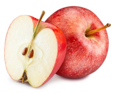 Apple beyaz arka planda izole edilmiş. Elma meyve kesme yolu. Elma yarı makro stüdyo fotoğrafı