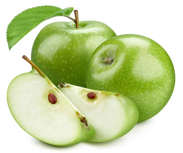 Dos manzanas verdes con y rebanada con una hoja — Foto de Stock