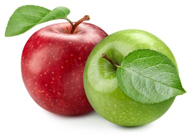 İki koca elma beyaz arka planda izole edilmiş. Beyaz üzerine izole edilmiş organik taze elmalar. Tam alan derinliği