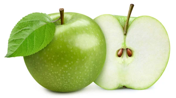 Apple Half Isolated White Background Green Apple Leaves Apple Macro — Stock Photo, Image