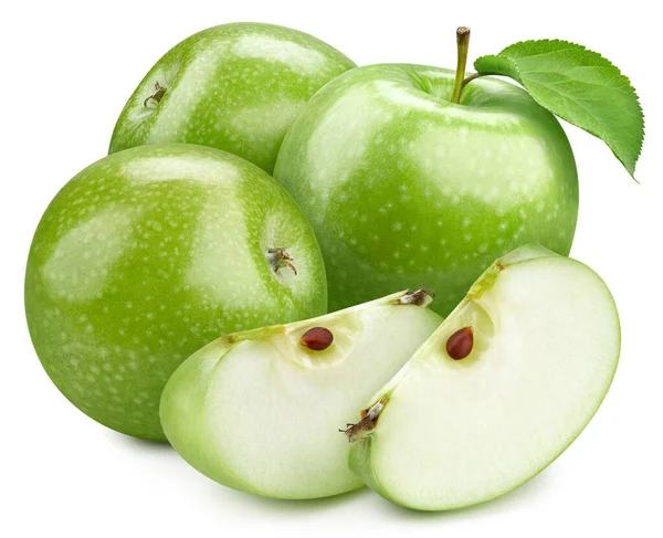 葉と緑のリンゴの果物 アップルの完全なマクロは 白の絶縁体上の食品成分を撃つ クリッピングパスイチジクの果物 ハイエンド リーチ — ストック写真