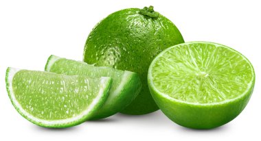 Limon ve dilim. Limon dolu makro beyaz izole edilmiş meyveli gıda malzemesi. Paket için uygun yol kırpılıyor