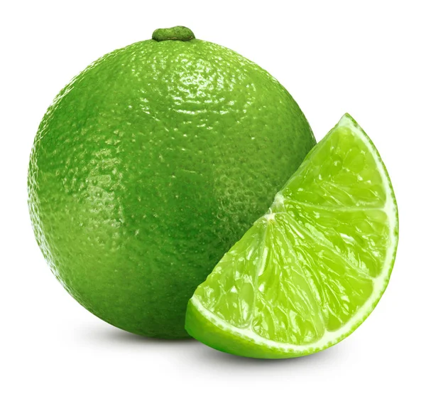 Kalkklippningsvägen Mogna Hela Lime Frukt Och Skiva Isolerad Vit Bakgrund — Stockfoto