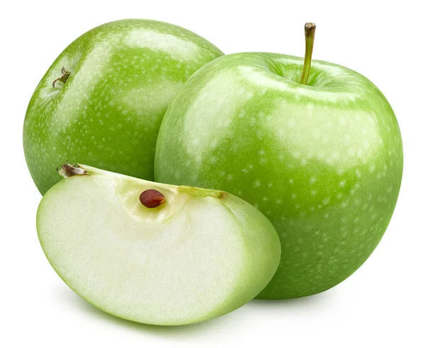 Apples Klippväg Mogna Hela Gröna Äpple Frukt Och Skiva Isolerad — Stockfoto