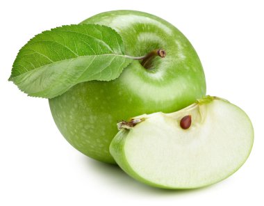 Yapraklı yeşil elma. Apple beyaz arka planda izole edilmiş. Elma makrosu