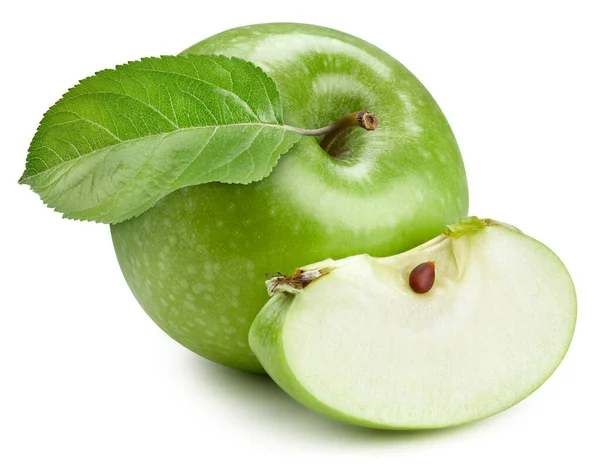 Zielone Jabłko Listkami Jabłko Izolowane Białym Tle Makro Jabłkowe — Zdjęcie stockowe