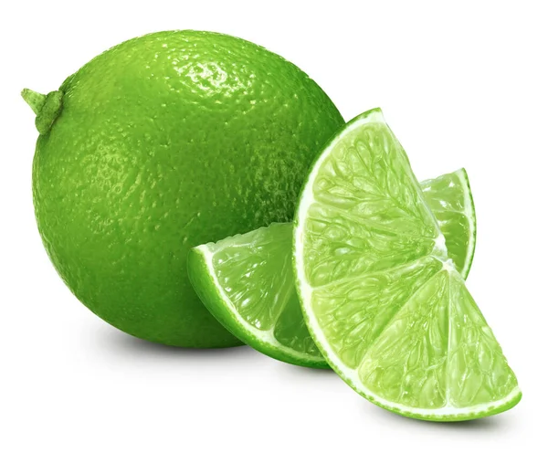 Lime Isolerad Vit Bakgrund Lime Citrus Frukt Klippning Väg Limeskivor — Stockfoto