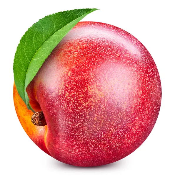 一个桃子用叶子隔离在白色背景上的桃有机覆盆子 具有剪切路径的桃子 — 图库照片