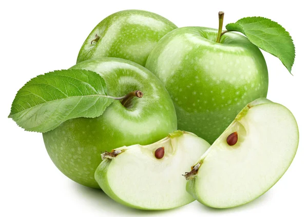 Zelené Jablko Jablko Organické Listy Izolované Bílém Pozadí Jablko Oříznutou — Stock fotografie