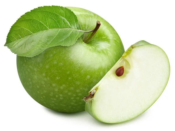 Reifer Grüner Apfel Mit Grünen Blättern Auf Weißem Hintergrund Apple — Stockfoto