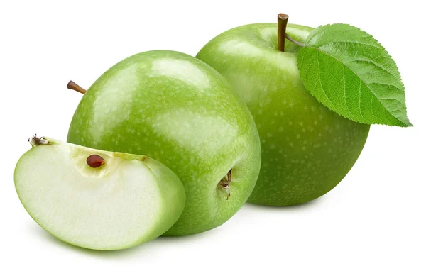 Zelené Jablko Jablko Listy Izolovanými Bílém Jablko Oříznutou Cestou Čerstvé — Stock fotografie