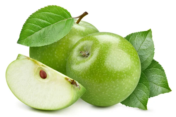 Yapraklı yeşil elma. Apple beyaz arka planda izole edilmiş. Elma makrosu