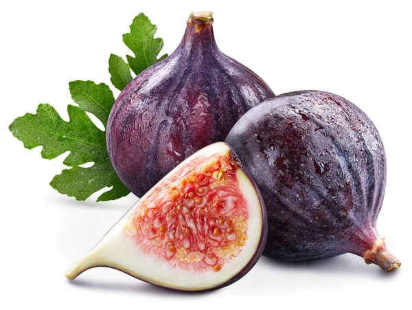 Fikonfrukt Med Blad Fig Full Makro Skjuta Livsmedelsingrediens Vit Isolerad — Stockfoto