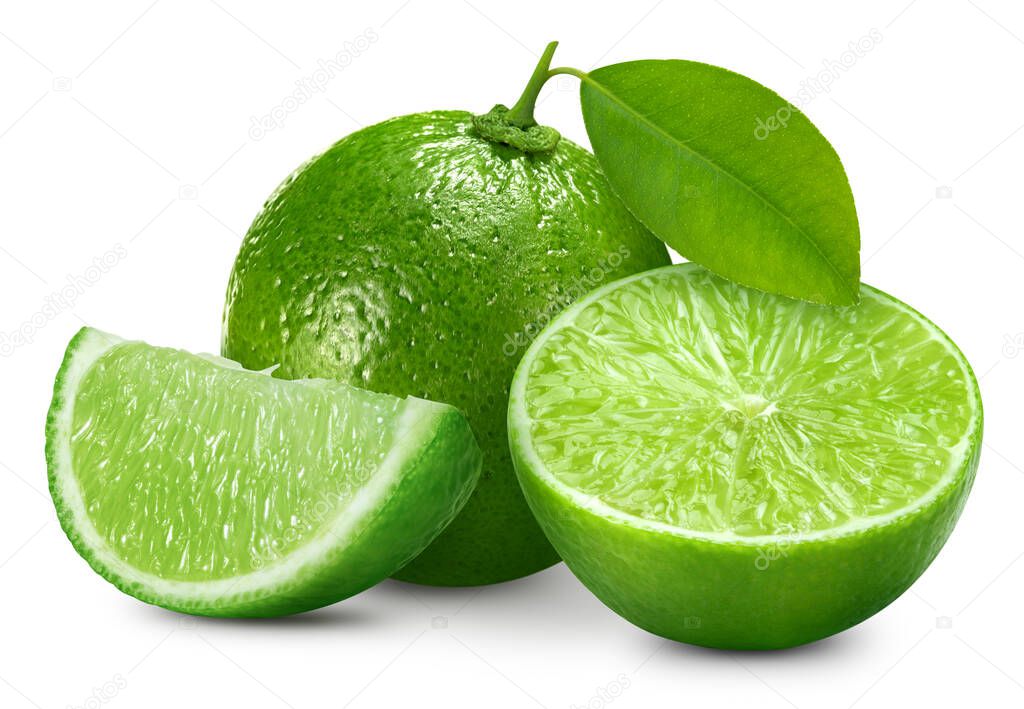 Ripe lime with green leaves isolated on white background. Lime with clipping path. Lime stack full depth of field macro shot. High End Retouching