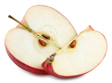 Kırmızı elma. Beyaz arka planda yarı izole edilmiş taze organik kırmızı elma. Kırpma yolu olan elma