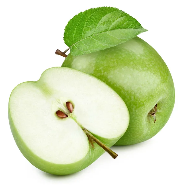 Grönt Äpple Färskt Ekologiskt Grönt Äpple Med Blad Isolerade Vit — Stockfoto
