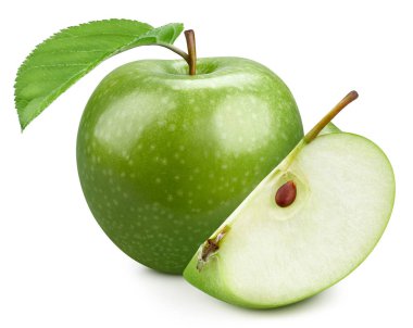 Beyaz arka planda izole edilmiş elma ve yapraklı dilimler. Elma toplama yolu. Profesyonel yemek fotoğrafçılığı.