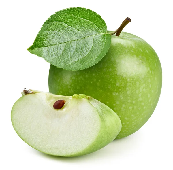 Zielone Jabłko Świeże Organiczne Zielone Jabłko Liśćmi Wyizolowanymi Białym Tle — Zdjęcie stockowe