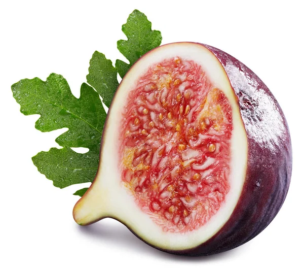 Ett Halvt Fikon Fig Ekologiskt Äpple Med Blad Isolerade Vit — Stockfoto