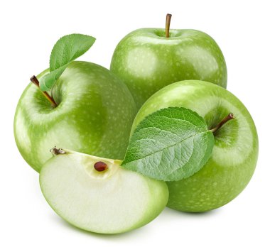 Yeşil yapraklı olgun elma meyvesi