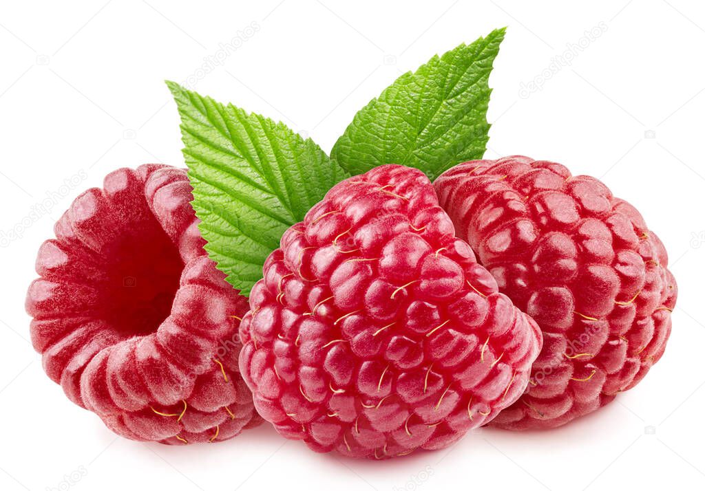 Three fresh raspberry with leaves isolated