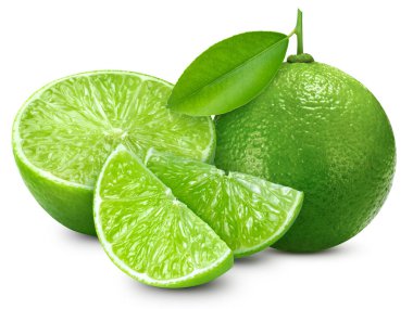 Lime fruit with leaf isolate. Lime whole, half, slice, leaves on white. Lime clipping path. High End Retouching