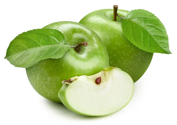 Grüne Apfelfrüchte Mit Blatt Isolat Apfel Ganz Halb Scheiben Geschnitten — Stockfoto