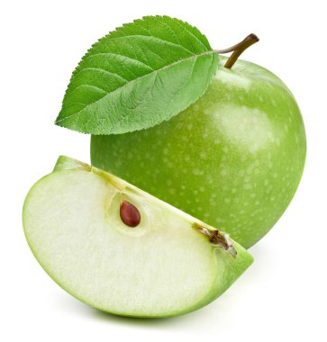 Fresh apple with leaves isolated on white background. Natural apple clipping path. Fresh organic fruit. Full depth of field